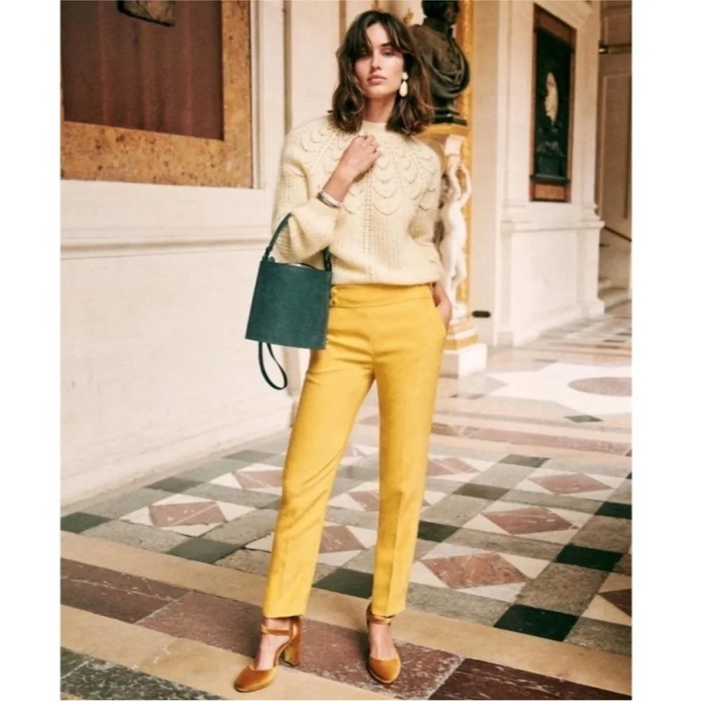 Sezane Georges Dress Pants Tailored Pleated Linen Mustard Yellow Size 8 Fr 40